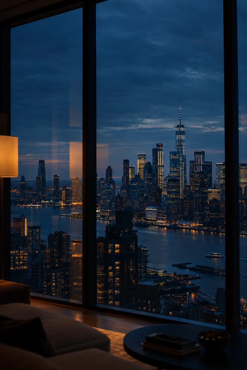 Skyline bei Nacht durch eine gro&szlig;e Fensterfront