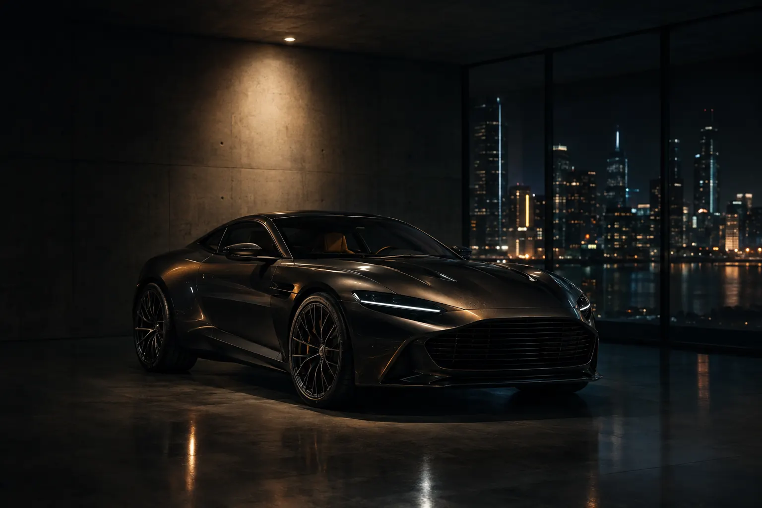 Premium-Fahrzeug in einem eleganten, dunklen Showroom bei Nacht